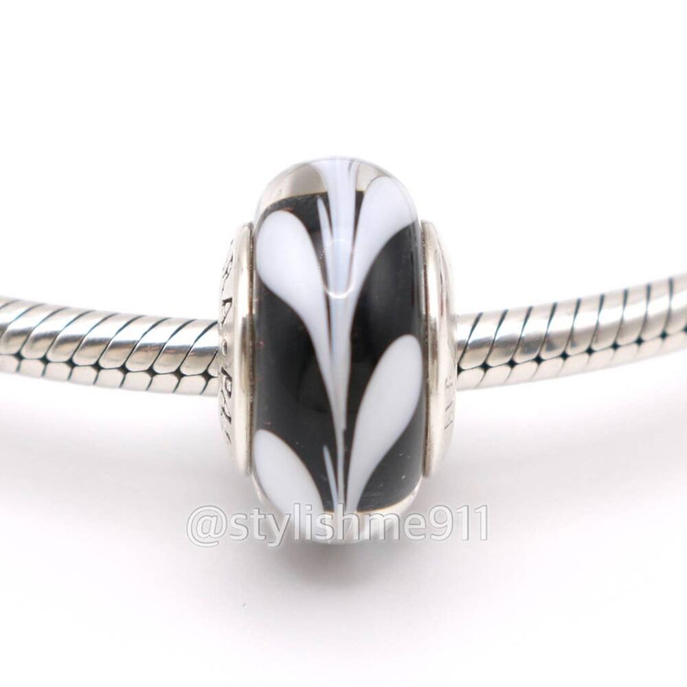 Authentic PANDORA Sterling Silver White Swirls Black Glass Charm